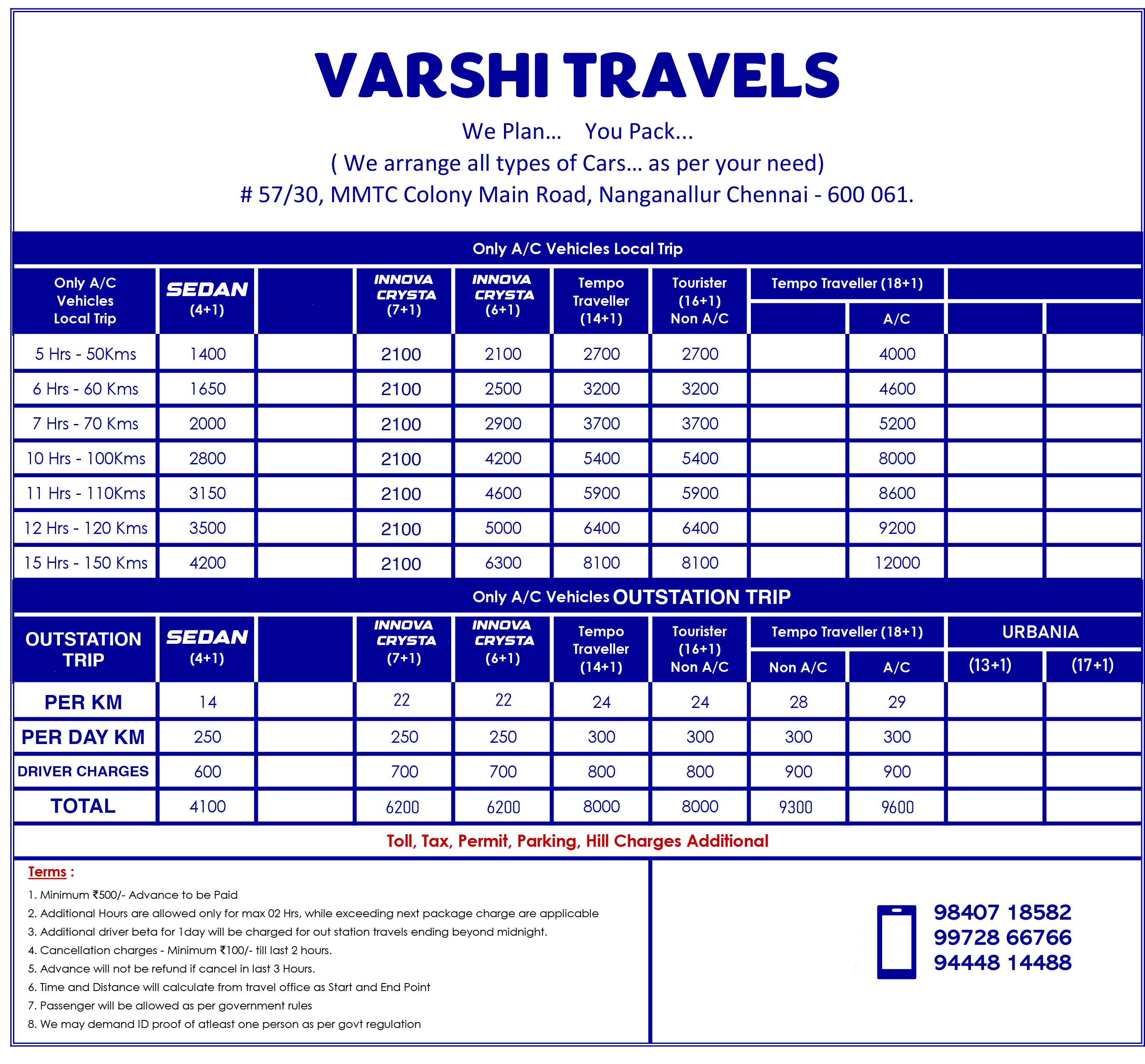 Varshi Travels Complete Rate Card — Local & Outstation Pricing